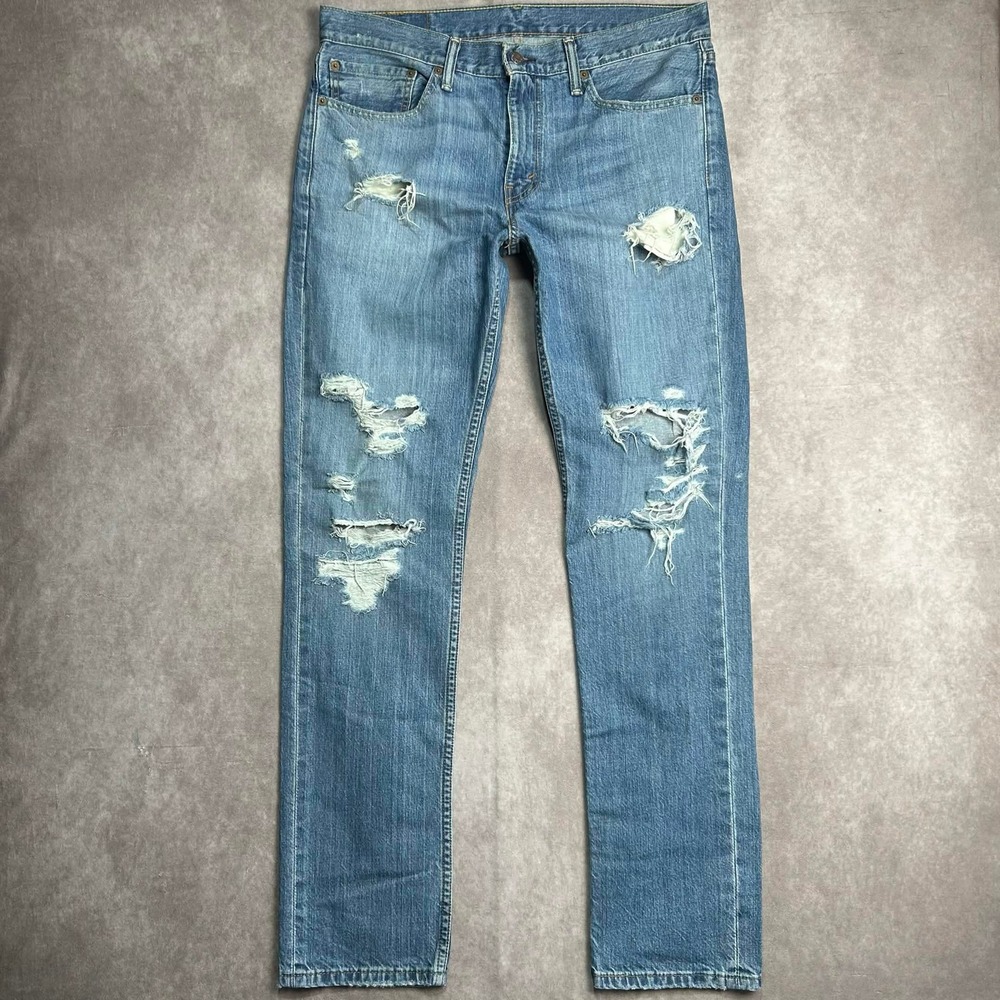 Levis 511 Slim Fit Distressed Ripped Light Wash Blue Denim Jeans Mens 36x34*
